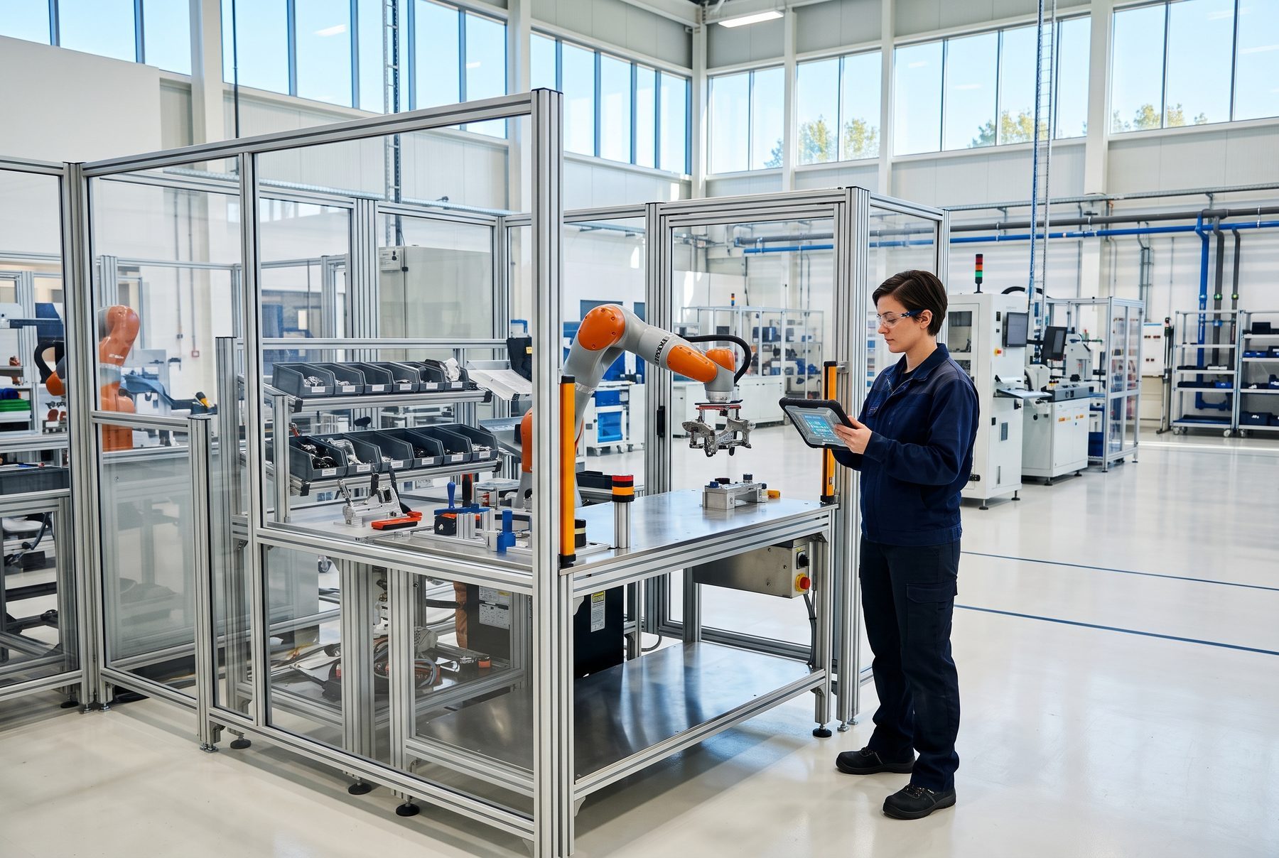 Ein Ingenieur mit Tablet an einer sauberen Montagezelle mit Roboterarm hinter Schutzglas.