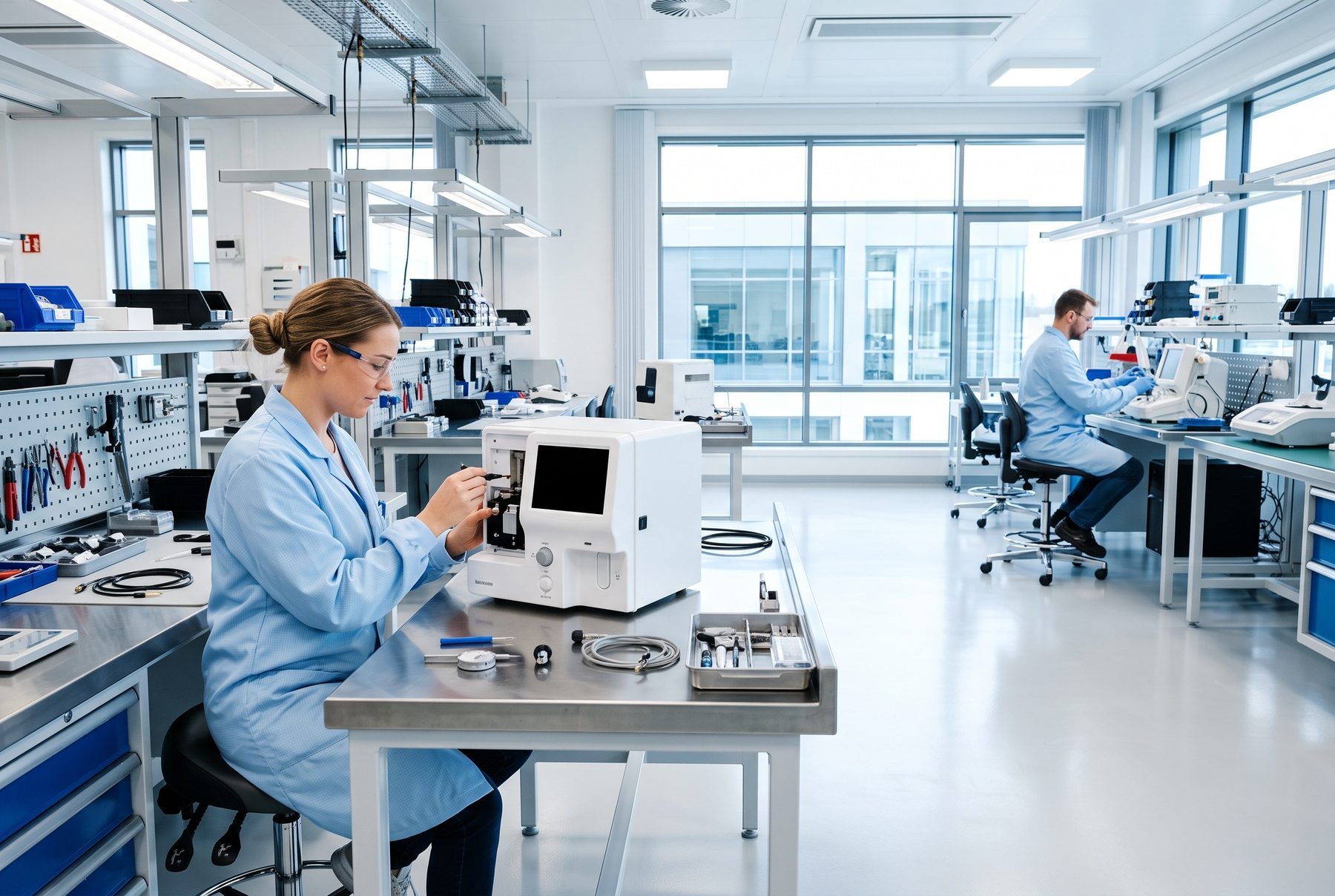 Eine Technikerin kalibriert ein weißes Diagnosegerät auf einer Edelstahlbank in einem hellen Labor.