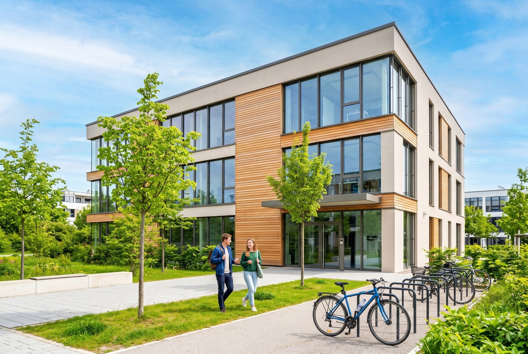 Das Firmengebäude von außen: ein dreigeschossiger Bau mit Lärchenschalung und großen Fenstern.