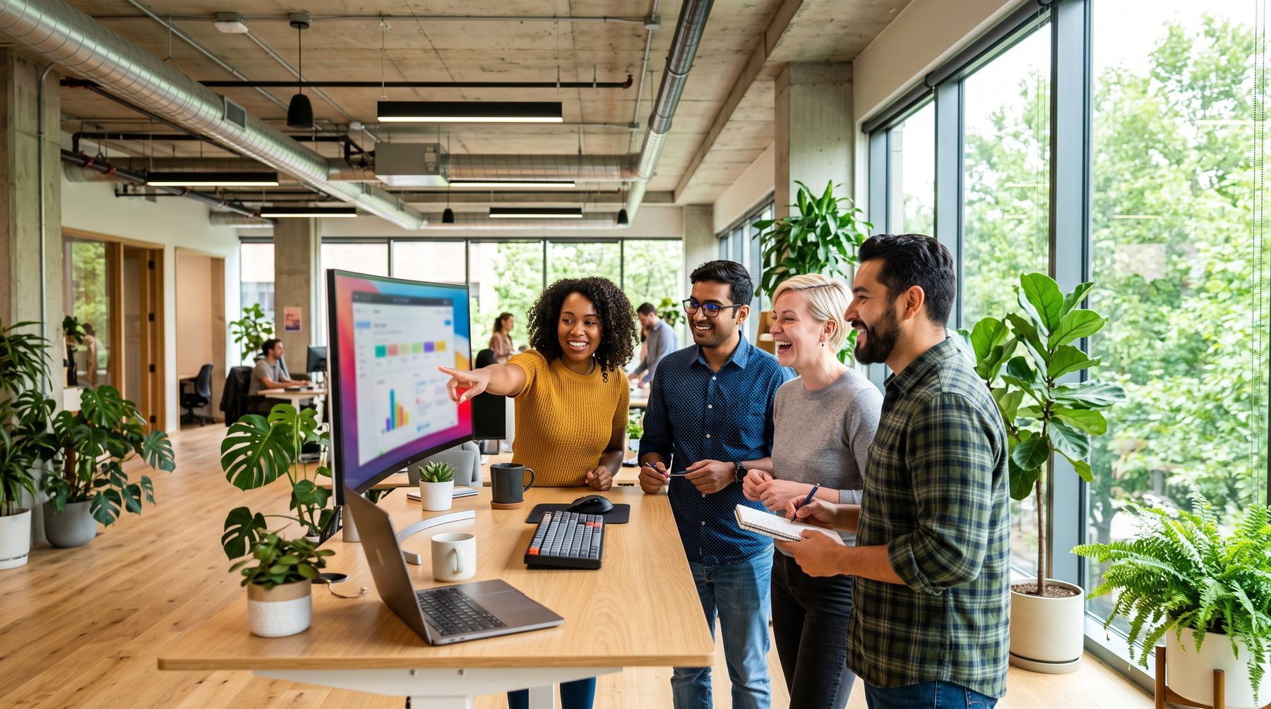 Ein Team aus vier Entwicklerinnen und Entwicklern bespricht an einem Stehtisch etwas auf einem großen Monitor.